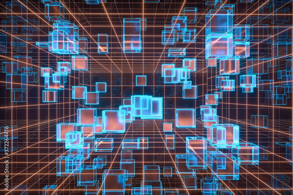 Poster cyberspace tunnel with geometry cube, 3d rendering.