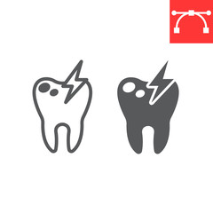 Sick tooth line and glyph icon, dental and stomatolgy, toothache sign vector graphics, editable stroke linear icon, eps 10.