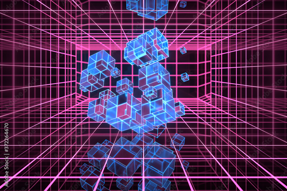 Poster cyberspace tunnel with geometry cube, 3d rendering.