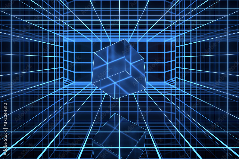 Aufkleber cyberspace tunnel with geometry cube, 3d rendering.