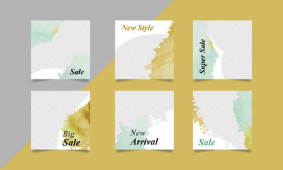 Fototapeta na wymiar Vector set of of social media template in grey background. Square editable banner watercolor poster design. Great for digital marketing fashion sales and discount promotional project.