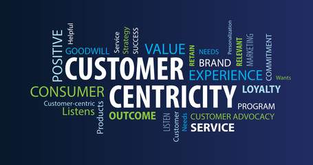 Customer Centricity Word Cloud on a Blue Background