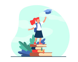Little girl standing on pile of books. Study, school, pupil flat vector illustration. Education and knowledge concept for banner, website design or landing web page