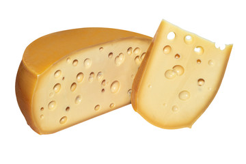 Isolated half a head of cheese Maasdam on white background