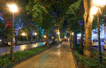 night view of Primorsky boulevard in Odessa city, Ukraine. Beautiful city Park and street...