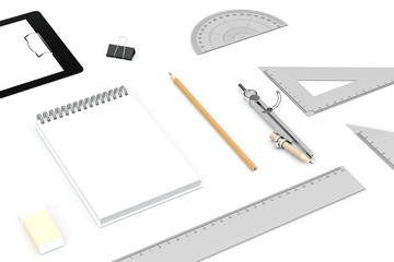 Various of stationery with white background, 3d rendering.
