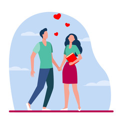 Young couple standing and holding hands. Heart, girlfriend, boyfriend flat vector illustration. Love and relationship concept for banner, website design or landing web page