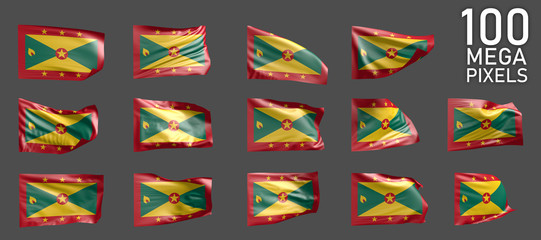 a lot of different pictures of Grenada flag isolated on grey background - 3D illustration of object