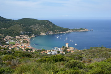 Giglio Island, Italy: panoramic view of the coastline and Campese Beach