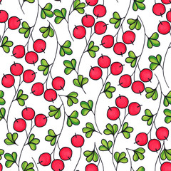 Bright seamless pattern with red berries and green leaves.