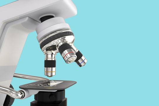 96 MPx high resolution renders of laboratory microscope with fictive design isolated on blue - 3d illustration of object, biology discovery concept