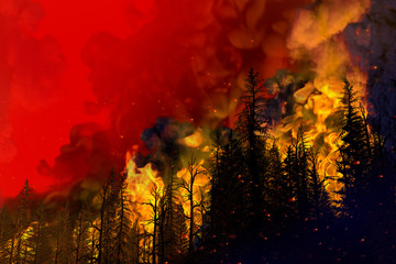 Forest fire natural disaster concept - infernal fire in the woods on red background - 3D illustration of nature