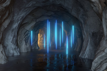 The dark rock tunnel with light illuminated, 3d rendering.