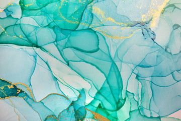 Alcohol ink blue and green abstract background. Ocean style watercolor texture.