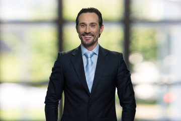 Cheerful caucasian businessman looking at camera. Portrait of handsome male executive on blur background of office window.