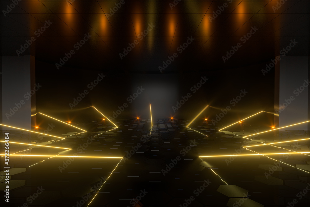 Poster gradient glowing lines with dark stage background, 3d rendering.