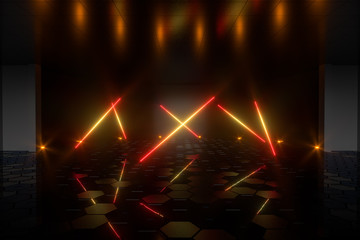 Gradient glowing lines with dark stage background, 3d rendering.