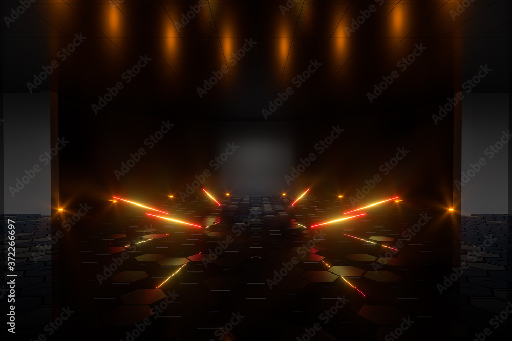Poster gradient glowing lines with dark stage background, 3d rendering.