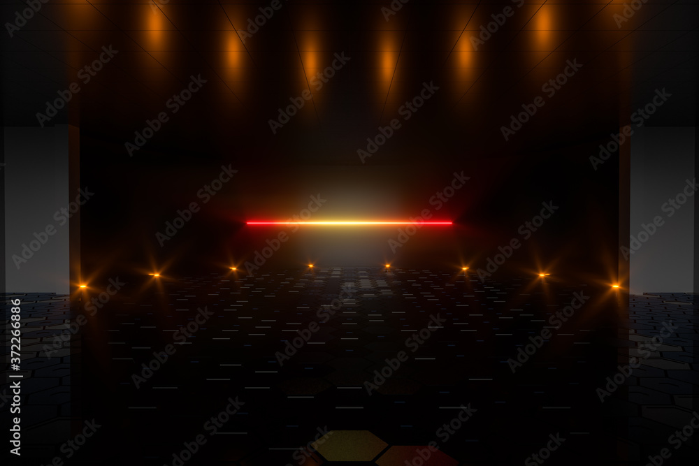 Poster gradient glowing lines with dark stage background, 3d rendering.