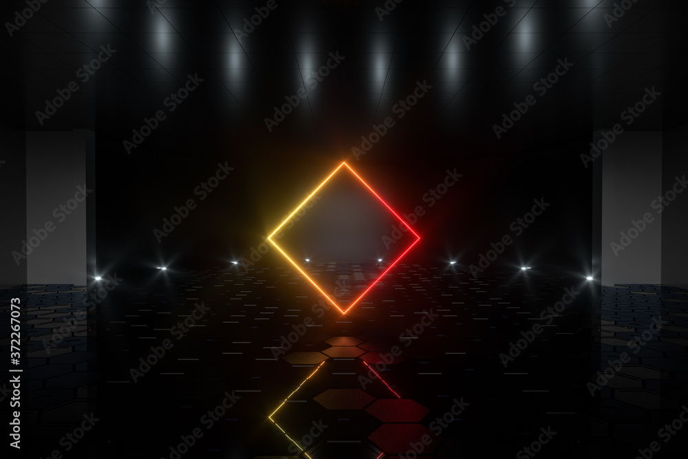 Poster gradient glowing lines with dark stage background, 3d rendering.
