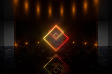 Gradient glowing lines with dark stage background, 3d rendering.
