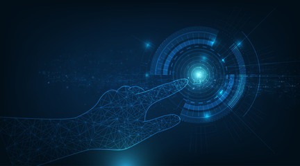 Vector hand and circle tech on technology dark blue color backgrounds design.