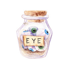 watercolor drawing - jar with eyes, witchcraft, halloween