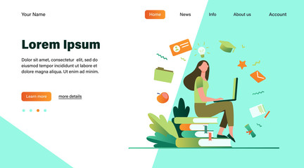 Student with laptop studying on online course. Woman sitting on stack of books and using computer. Vector illustration for internet school, knowledge, education concept