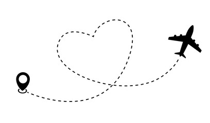 Heart airplane route. Plane and track icon on a white background. Vector illustration