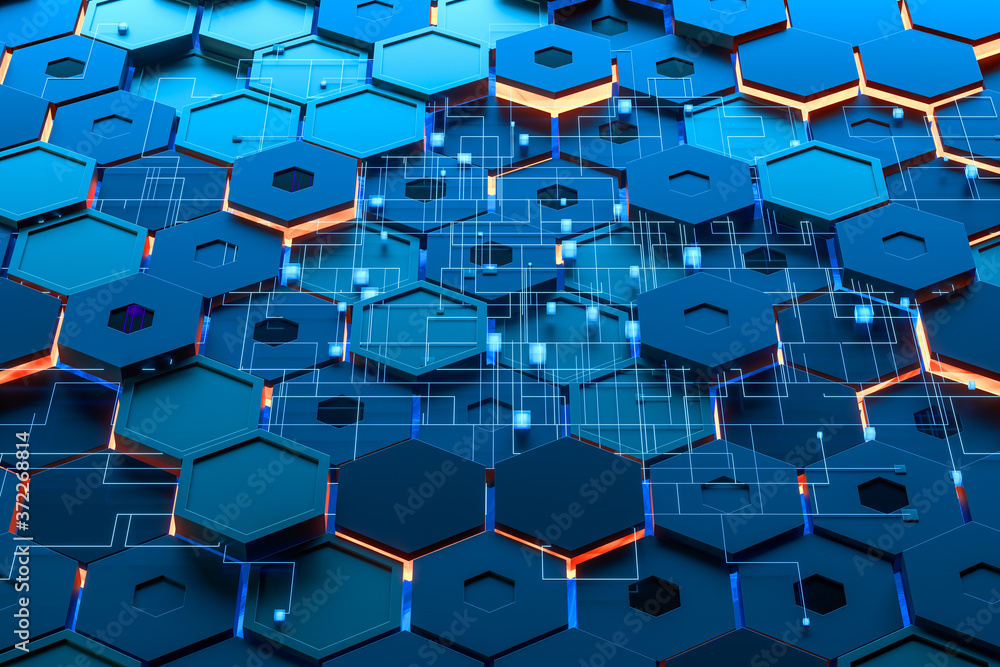 Aufkleber glowing hexagonal cubes background, hi-tech cyberspace, 3d rendering.