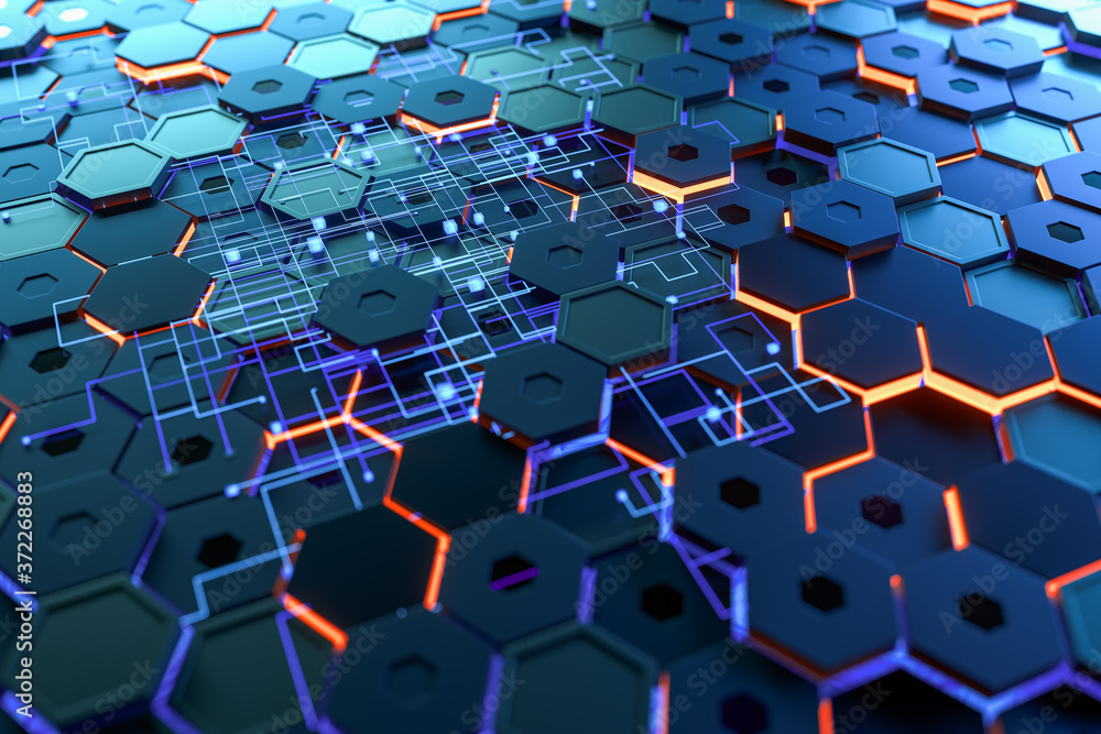 Poster glowing hexagonal cubes background, hi-tech cyberspace, 3d rendering.