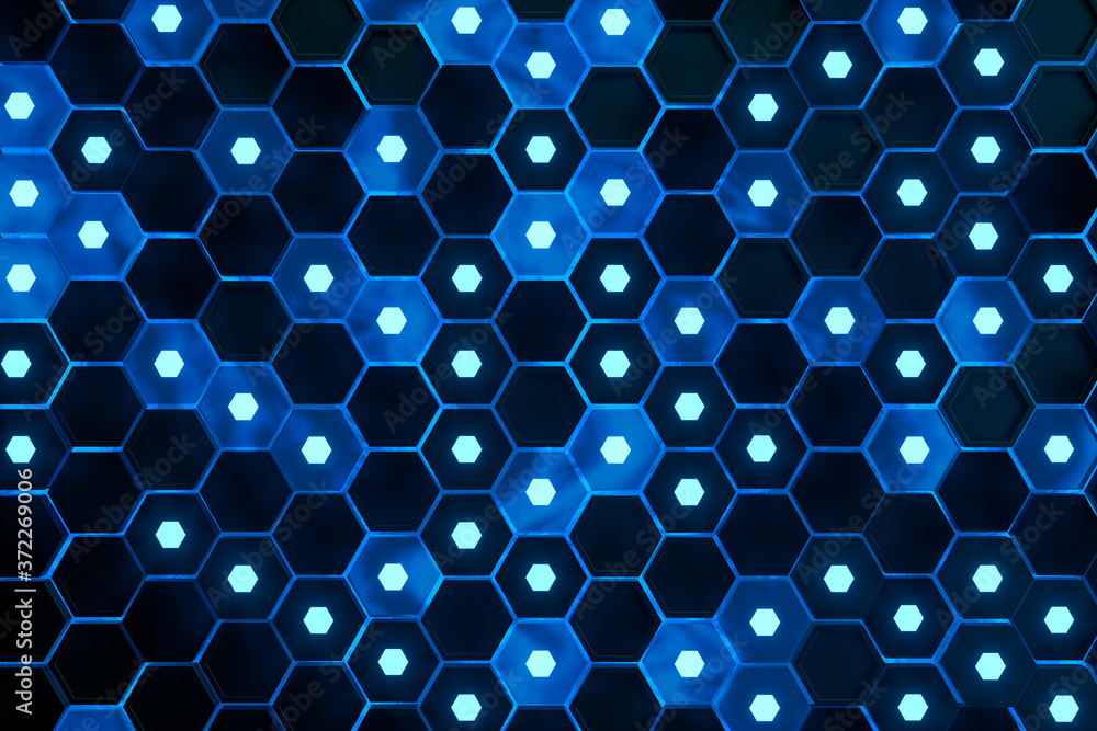 Aufkleber glowing hexagonal cubes background, hi-tech cyberspace, 3d rendering.