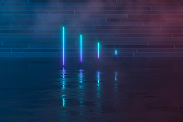 Glowing lines with brick background, 3d rendering.