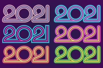 neon sign 2021 in six different variants. Happy 2021 new year neon banner