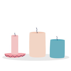 Candles isolated on a white background. Festive decorative element for design. Flat cartoon colorful vector illustration.