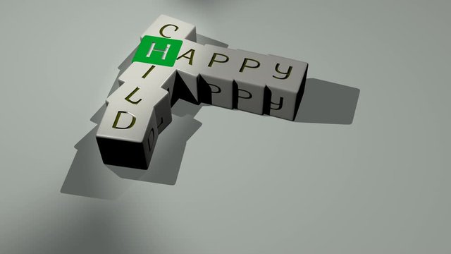 happy child video footage of expanding cross words by cubic alphabets, animation of 3D illustration for background and beautiful