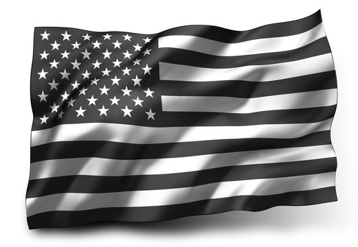 Black lives matter flag blowing in the wind. Striped black and white USA flying flag, isolated on white background.
