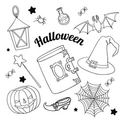 Linear set of halloween, decorative design, vector illustration