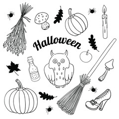 Linear set of halloween, decorative design, vector illustration