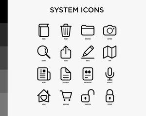 System icons set: book, trash, camera, file, search, share, map, news, shopping, add document, locked, unlocked. Minimal thin line icons. Vector illustration.