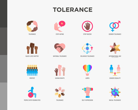 Tolerance flat icons set: stop racism, gender equality, black lives matter, protest, human rights, LGBTQ, globalization, self-expression, stop hating. Vector illustration.