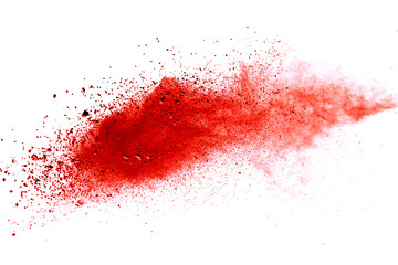 Red dust particle splash isolated on white background.