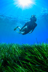 A young woman is diving