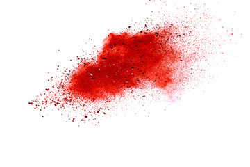Red dust particle splash isolated on white background.