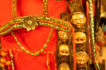 Fototapeta premium Tibetan ornaments on display at local market , Leh, Ladakh, India. These ornaments are traditional festive dresses for Ladakhi people.