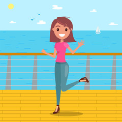 A young smiling girl on high heels walks along the seafront. Woman posing on a sea background. Modern clothing style. People different poses. Boat and sea background. Flat vector illustration