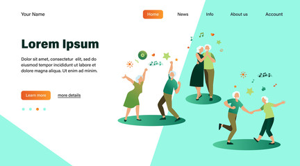 Happy old people dancing isolated flat vector illustration. Cartoon senior grandfathers and grandmothers having fun at party. Music and dancing club concept