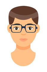 Cartoon character in glasses. Concept of avatar of young man with bad eyesight. Isolated at white background portrait of caucasian person. Brown-haired adult guy. Handsome male. Face of white man