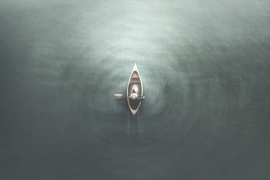 illustration of aerial view of man paddling on a canoe in the water, minimal summer sport concept