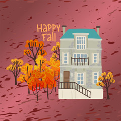 Autumn landscape, house and yellow trees, rain. Square vector postcard. Cartoon print design.